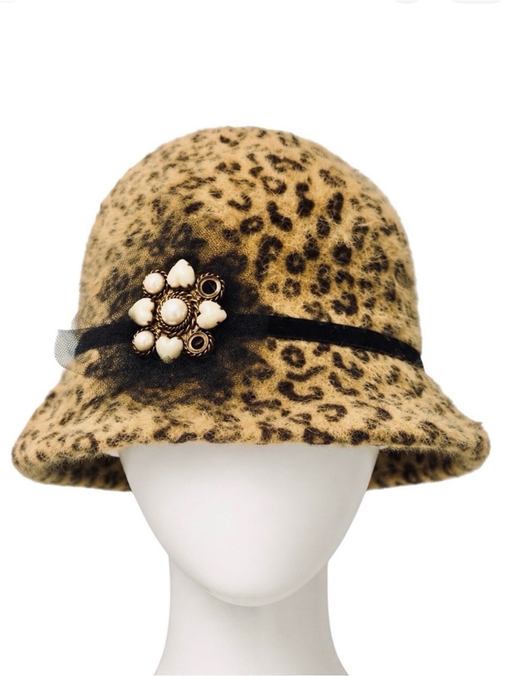 JESSICA SIMPSON *NWT* Angora Leopard Print Jeweled Cloche Bucket Hat | OS